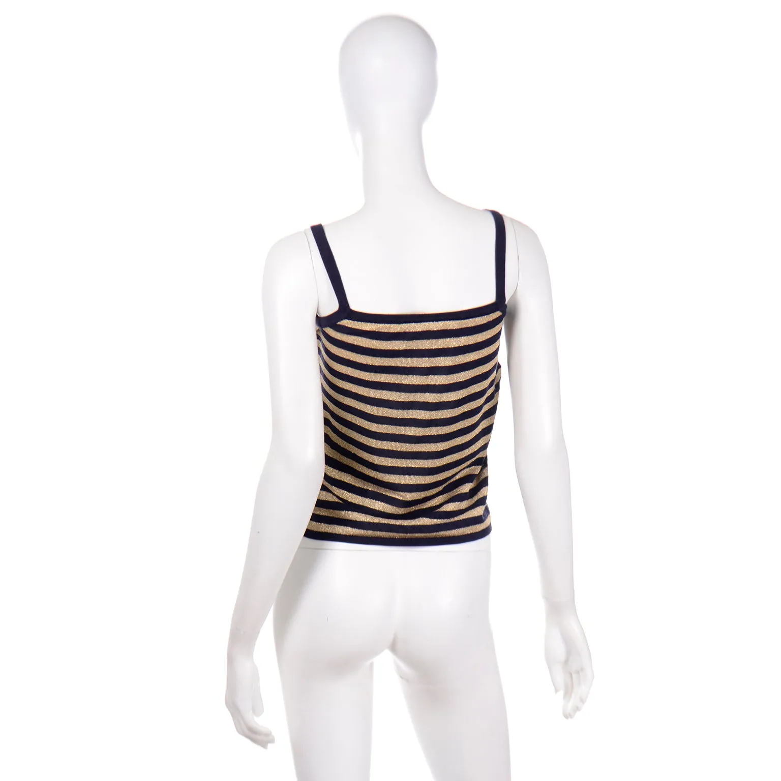 1970s Yves Saint Laurent Midnight Blue Knit and Metallic Gold Camisole Top