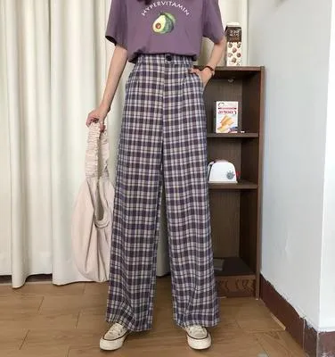 2021 New!!!  Women's Pants Street Fashion Plaid Straight Wide Leg Pant Sizes S - 4XL