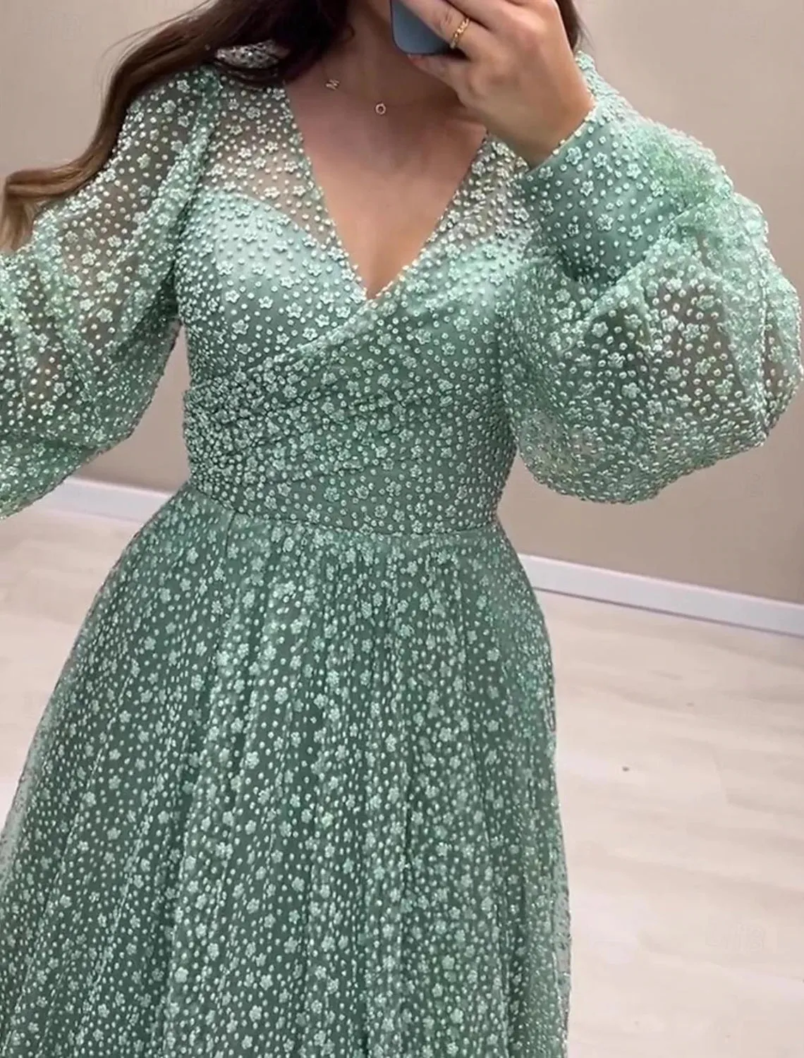 A-Line Prom Dresses Elegant Dress Formal Prom Floor Length Long Sleeve V Neck Sequined with Glitter Sequin