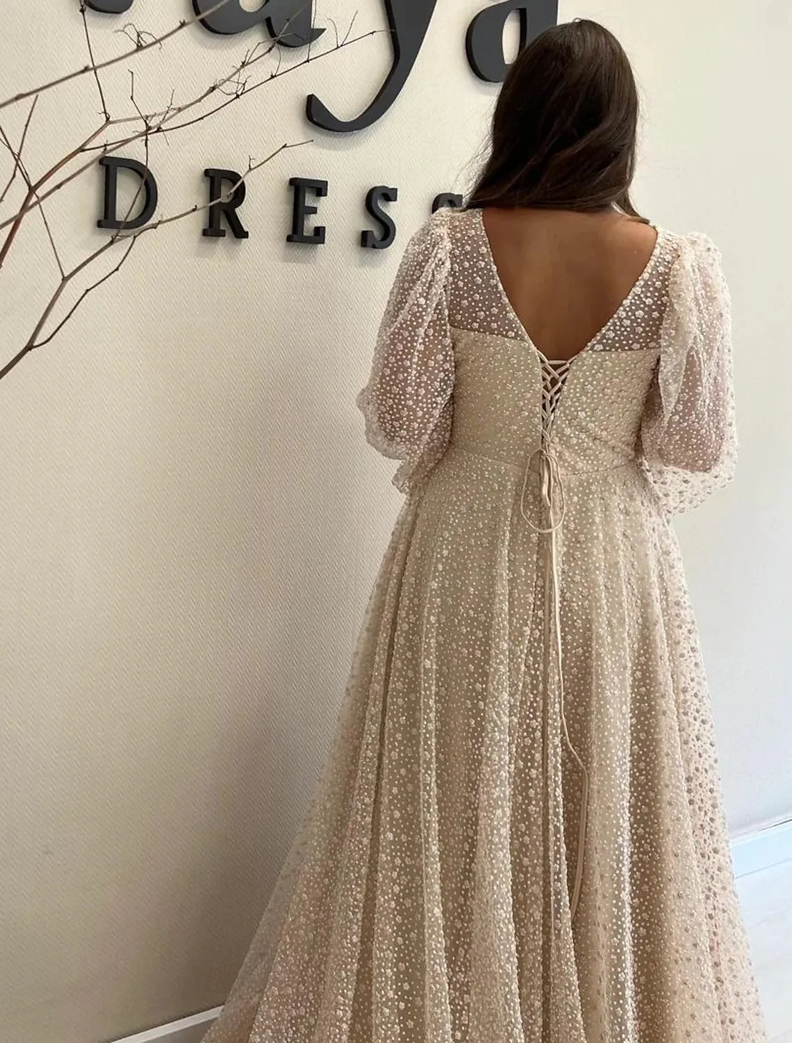 A-Line Prom Dresses Elegant Dress Formal Prom Floor Length Long Sleeve V Neck Sequined with Glitter Sequin