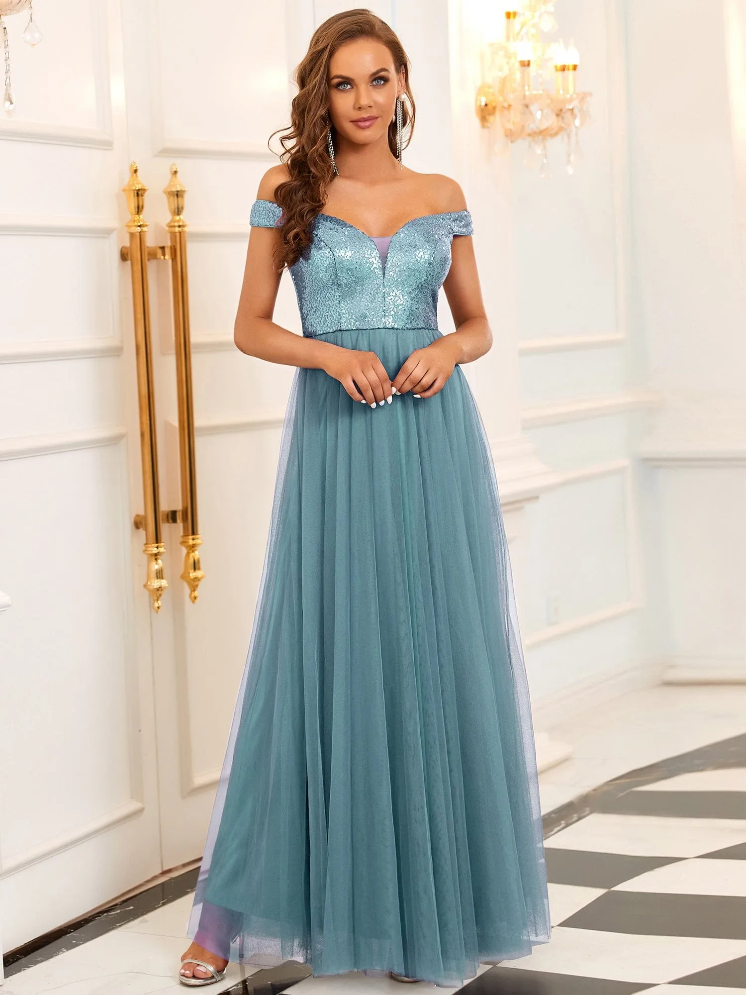 A-line Sequin Off the Shoulder Maxi Tulle Formal Evening Dress