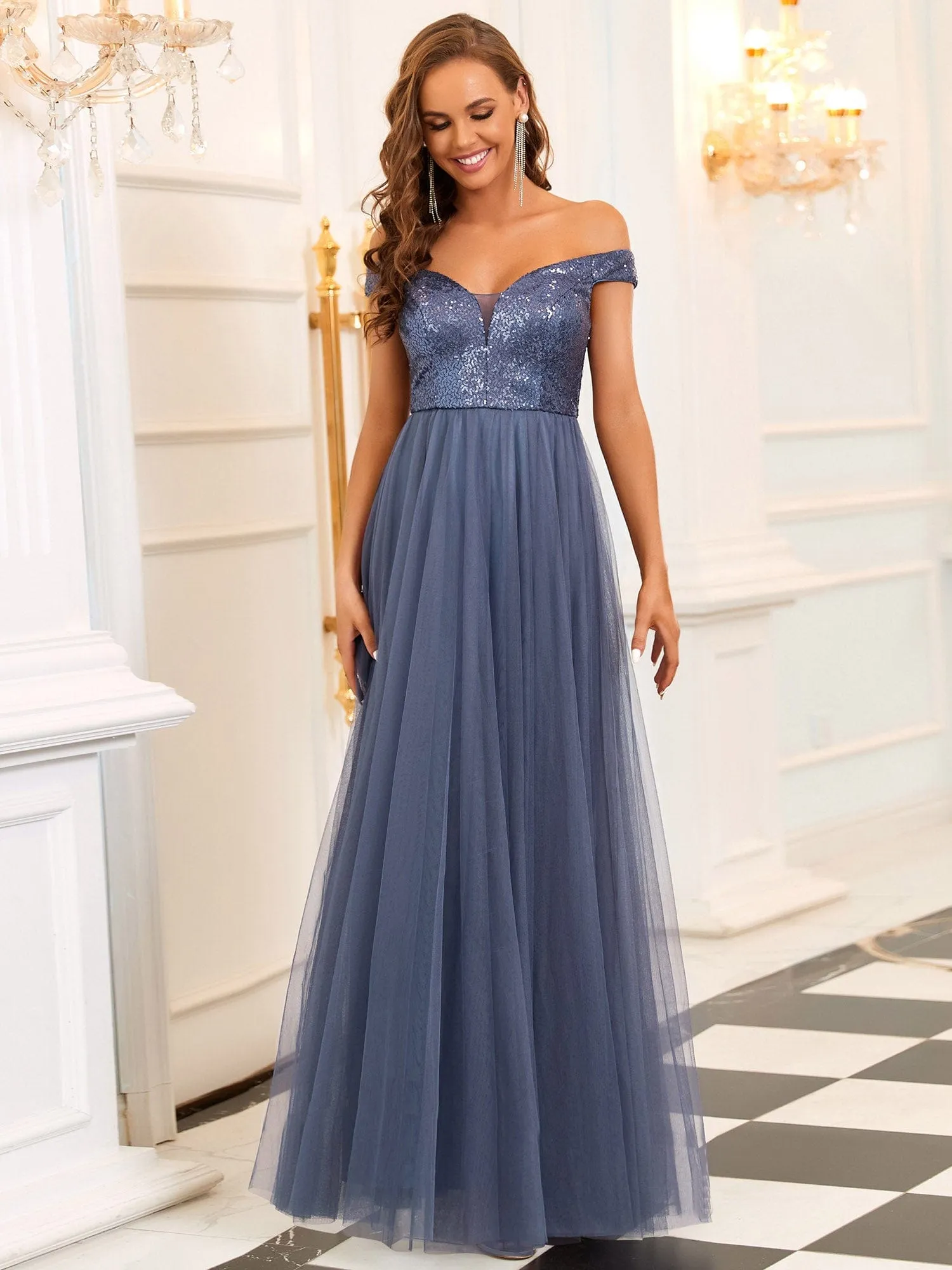 A-line Sequin Off the Shoulder Maxi Tulle Formal Evening Dress