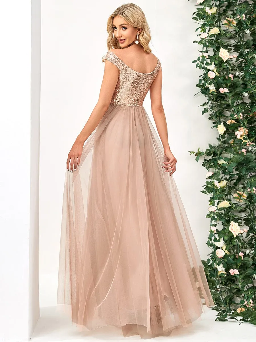 A-line Sequin Off the Shoulder Maxi Tulle Formal Evening Dress