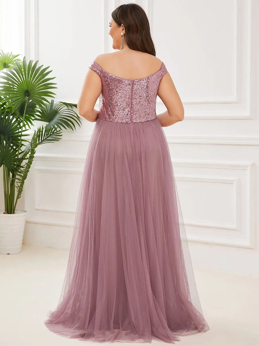 A-line Sequin Off the Shoulder Maxi Tulle Formal Evening Dress