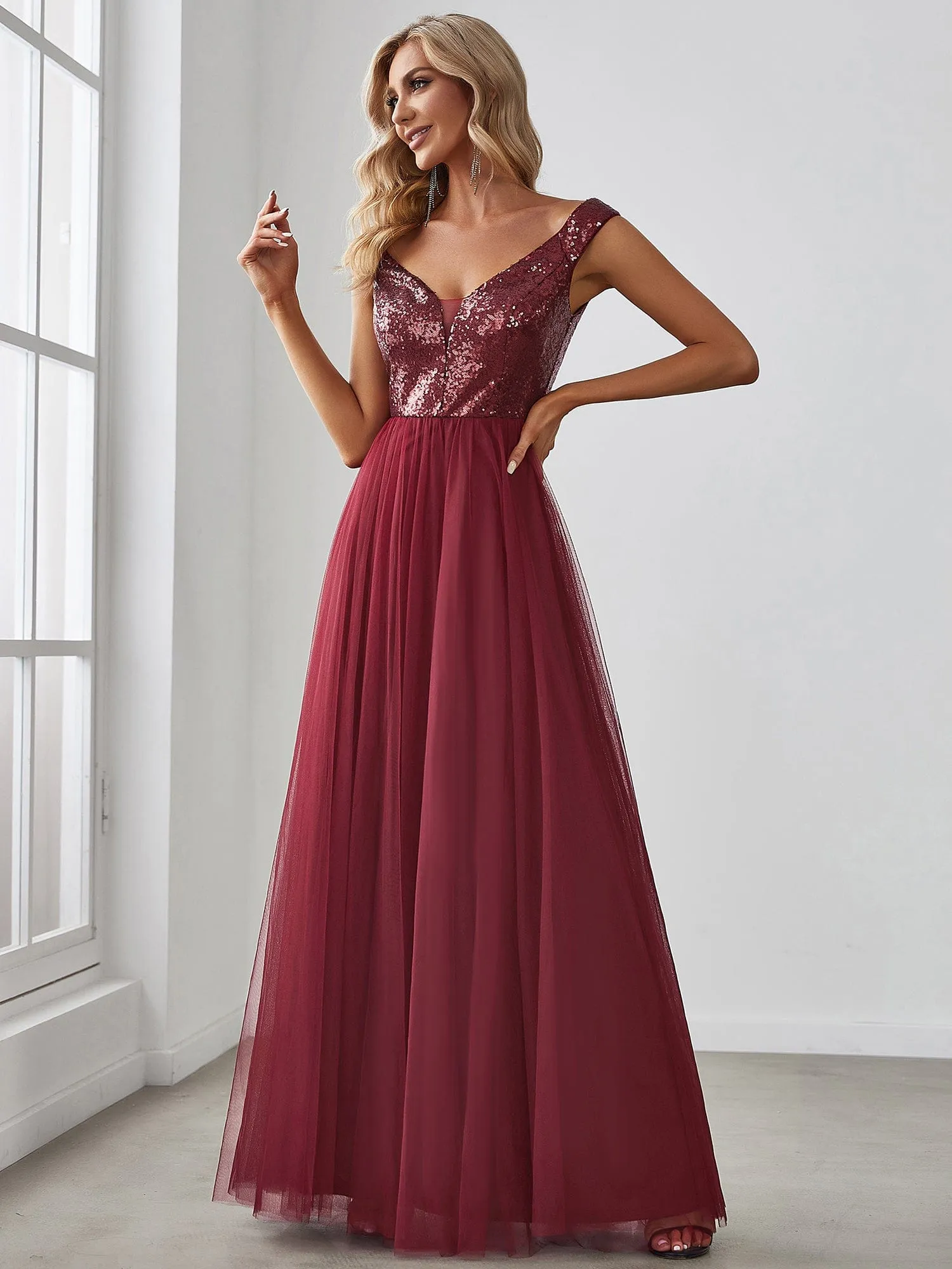 A-line Sequin Off the Shoulder Maxi Tulle Formal Evening Dress