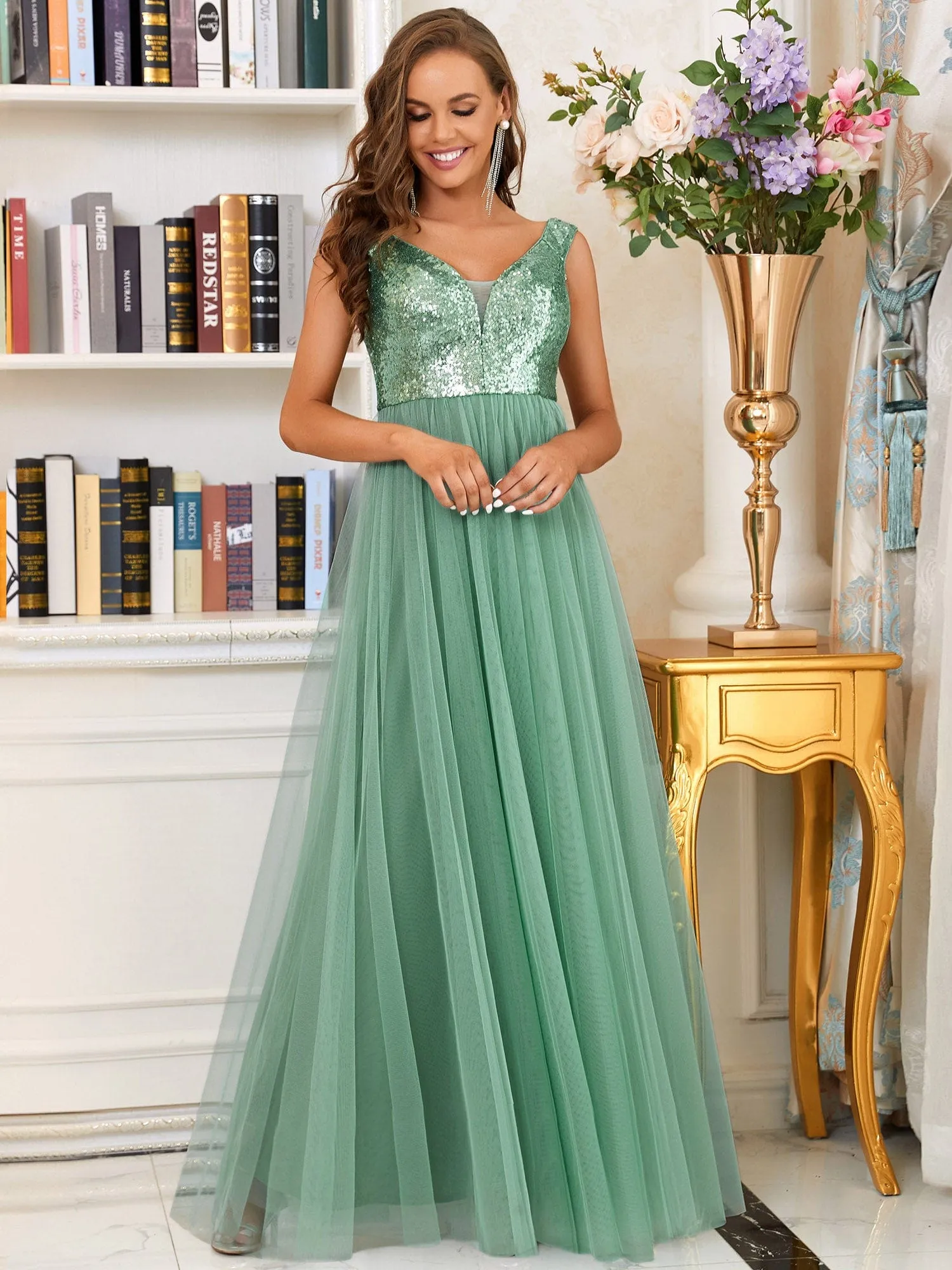 A-line Sequin Off the Shoulder Maxi Tulle Formal Evening Dress