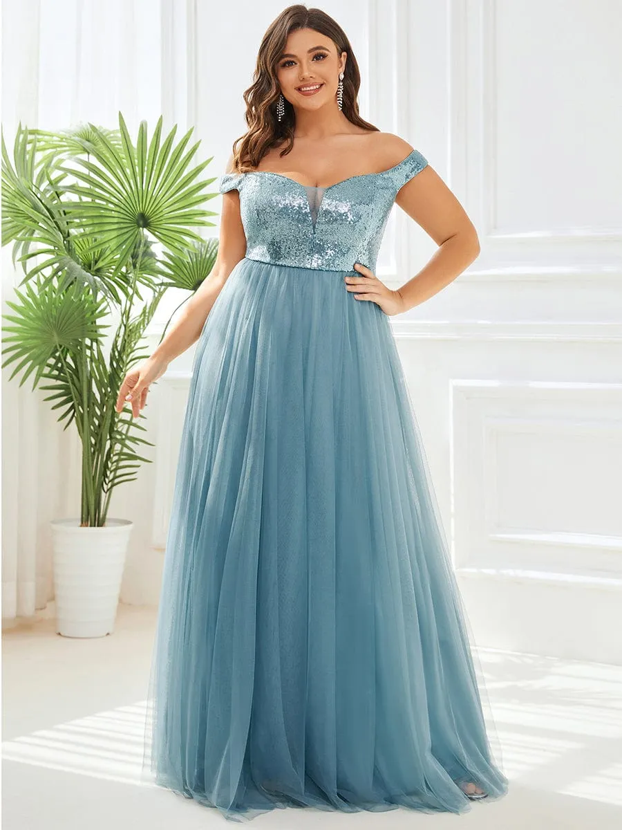 A-line Sequin Off the Shoulder Maxi Tulle Formal Evening Dress