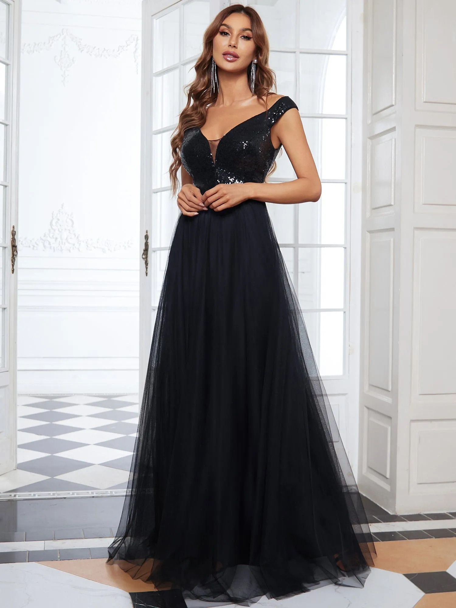 A-line Sequin Off the Shoulder Maxi Tulle Formal Evening Dress