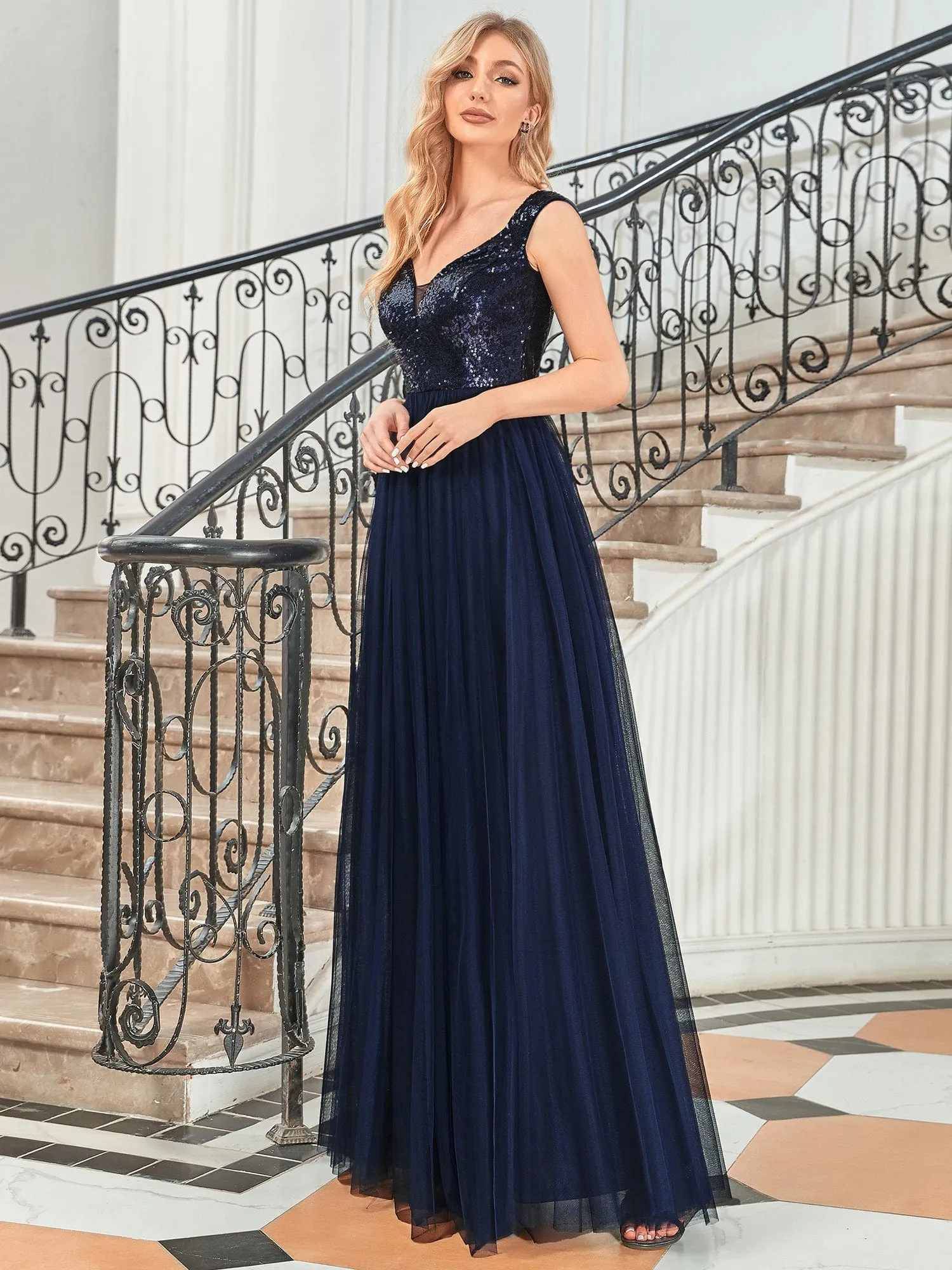 A-line Sequin Off the Shoulder Maxi Tulle Formal Evening Dress