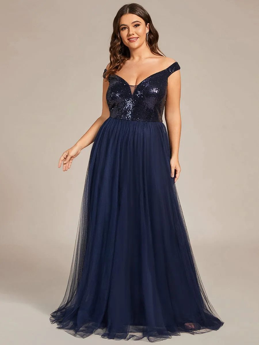 A-line Sequin Off the Shoulder Maxi Tulle Formal Evening Dress