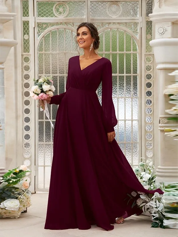 A-Line/Princess Chiffon Ruched V-neck Long Sleeves Floor-Length Bridesmaid Dresses