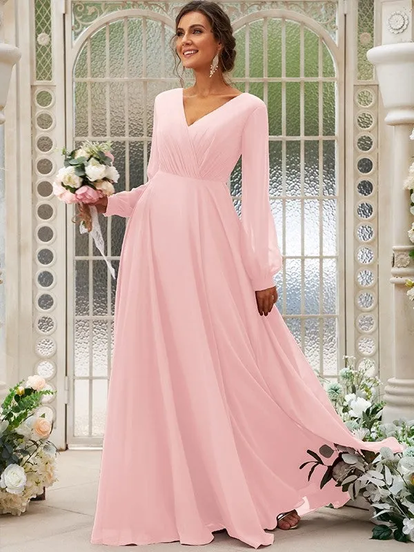 A-Line/Princess Chiffon Ruched V-neck Long Sleeves Floor-Length Bridesmaid Dresses