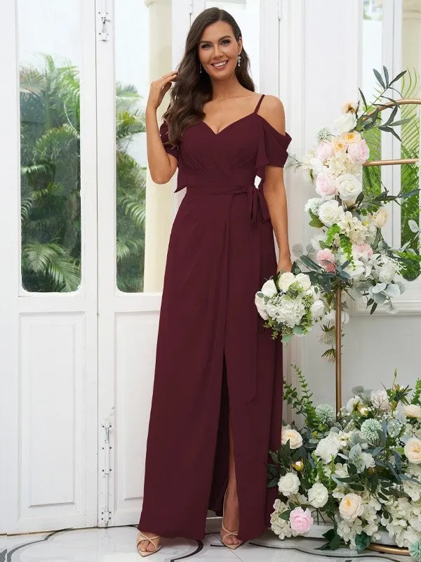 A-Line/Princess Chiffon Ruched V-neck Short Sleeves Floor-Length Bridesmaid Dresses