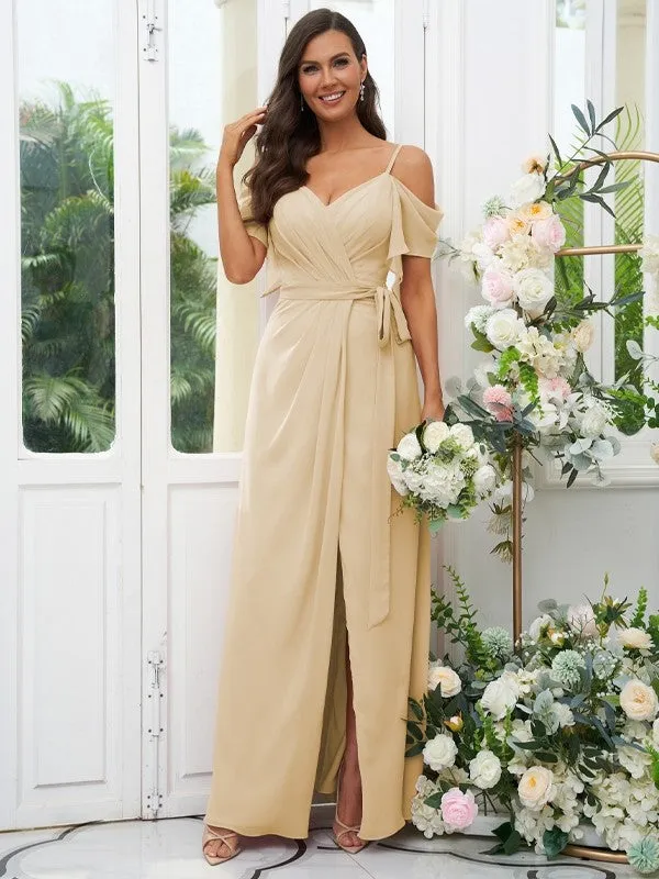 A-Line/Princess Chiffon Ruched V-neck Short Sleeves Floor-Length Bridesmaid Dresses