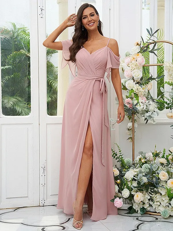 A-Line/Princess Chiffon Ruched V-neck Short Sleeves Floor-Length Bridesmaid Dresses