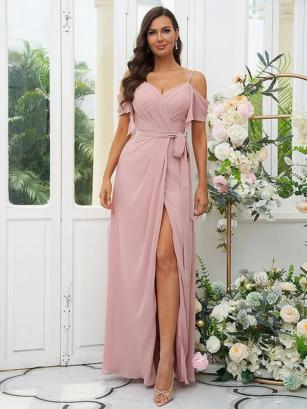 A-Line/Princess Chiffon Ruched V-neck Short Sleeves Floor-Length Bridesmaid Dresses