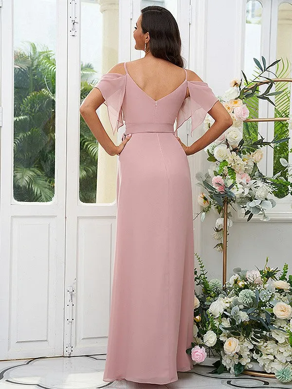 A-Line/Princess Chiffon Ruched V-neck Short Sleeves Floor-Length Bridesmaid Dresses