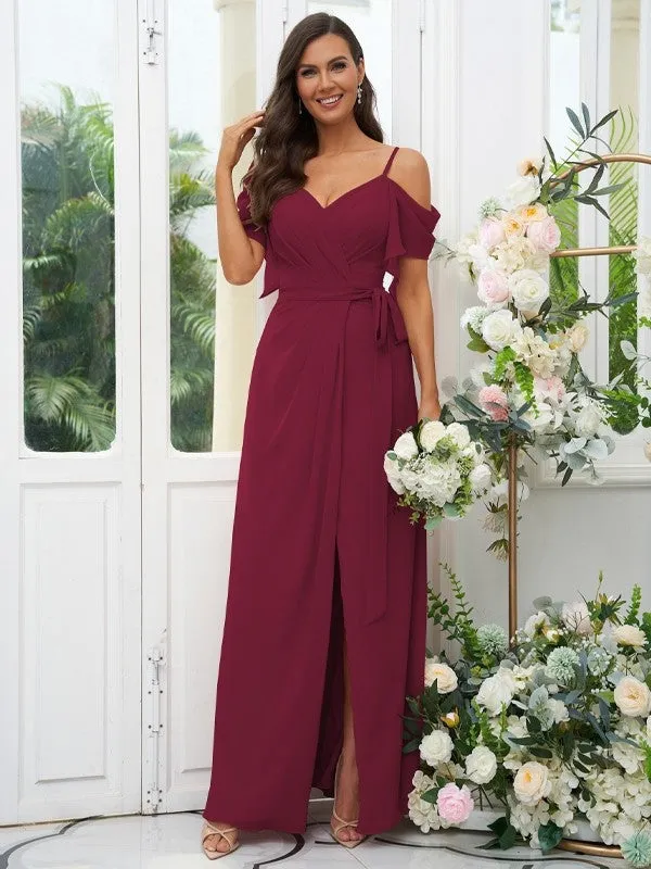 A-Line/Princess Chiffon Ruched V-neck Short Sleeves Floor-Length Bridesmaid Dresses