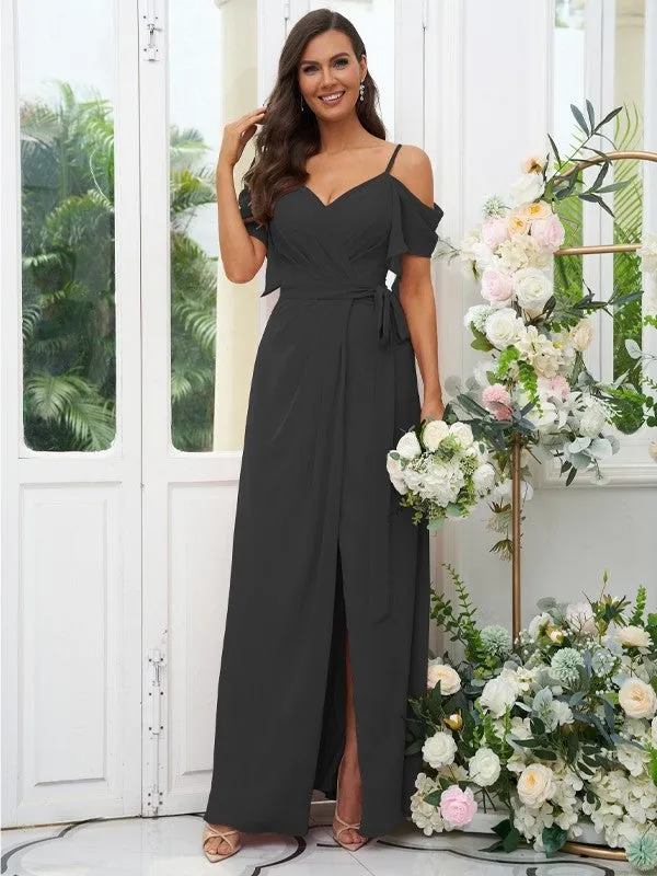 A-Line/Princess Chiffon Ruched V-neck Short Sleeves Floor-Length Bridesmaid Dresses