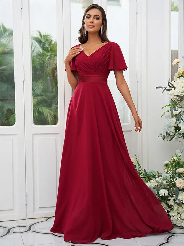 A-Line/Princess Chiffon Ruched V-neck Short Sleeves Sweep/Brush Train Bridesmaid Dresses