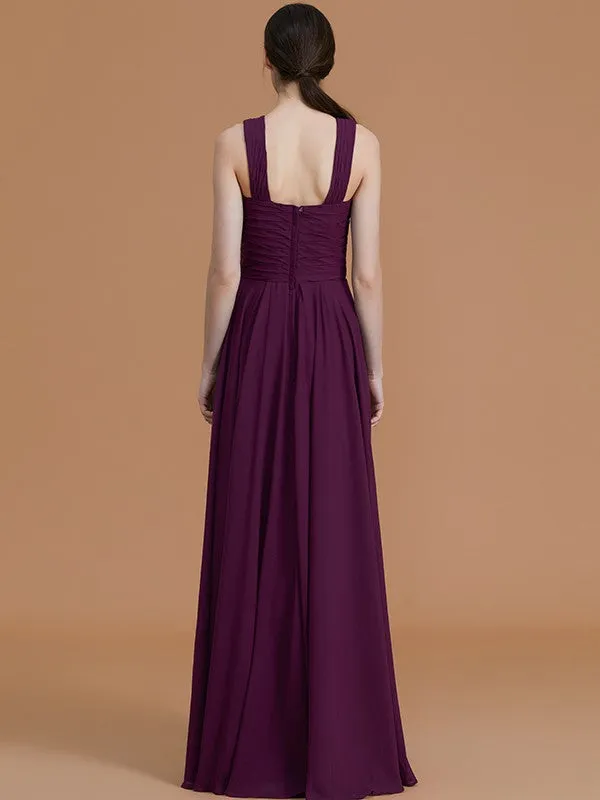 A-Line/Princess Halter Sleeveless Floor-Length Ruched Chiffon Bridesmaid Dresses