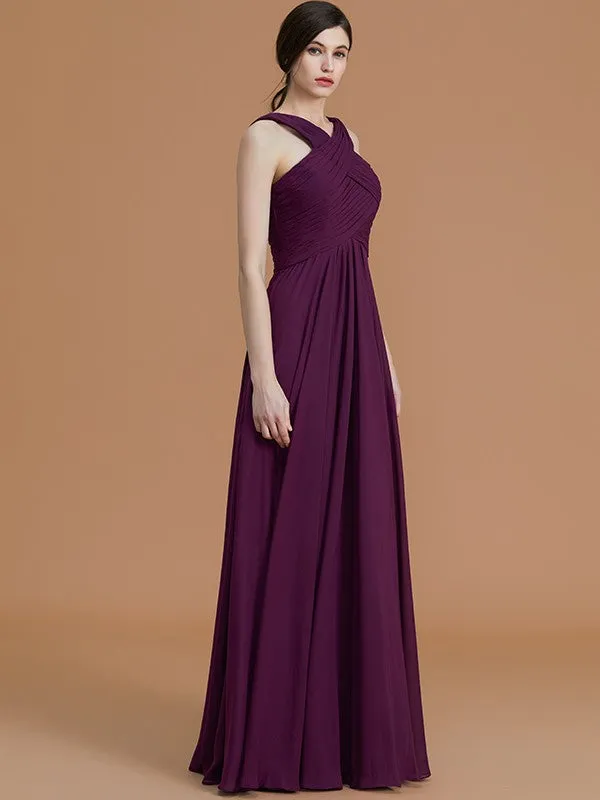 A-Line/Princess Halter Sleeveless Floor-Length Ruched Chiffon Bridesmaid Dresses