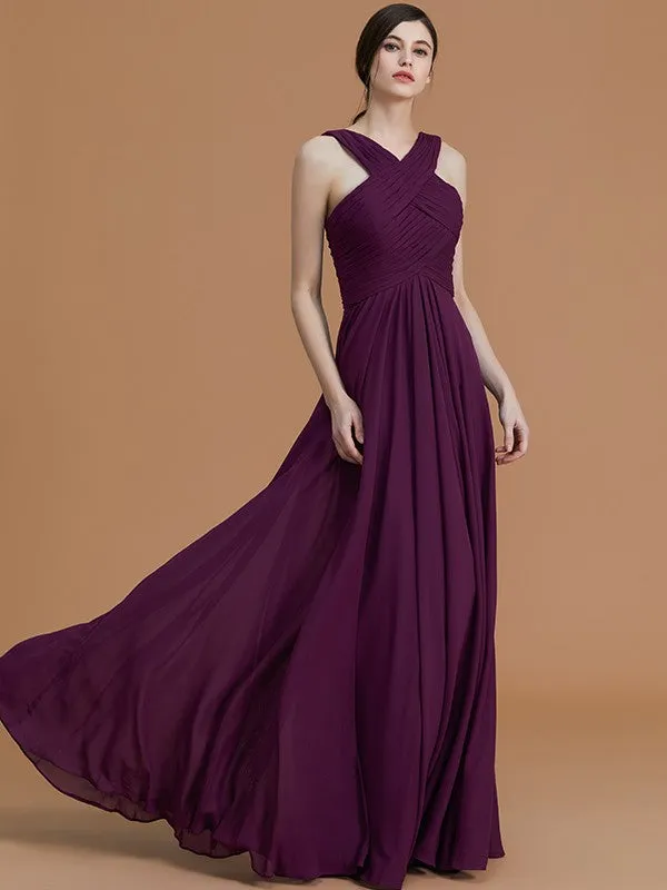 A-Line/Princess Halter Sleeveless Floor-Length Ruched Chiffon Bridesmaid Dresses