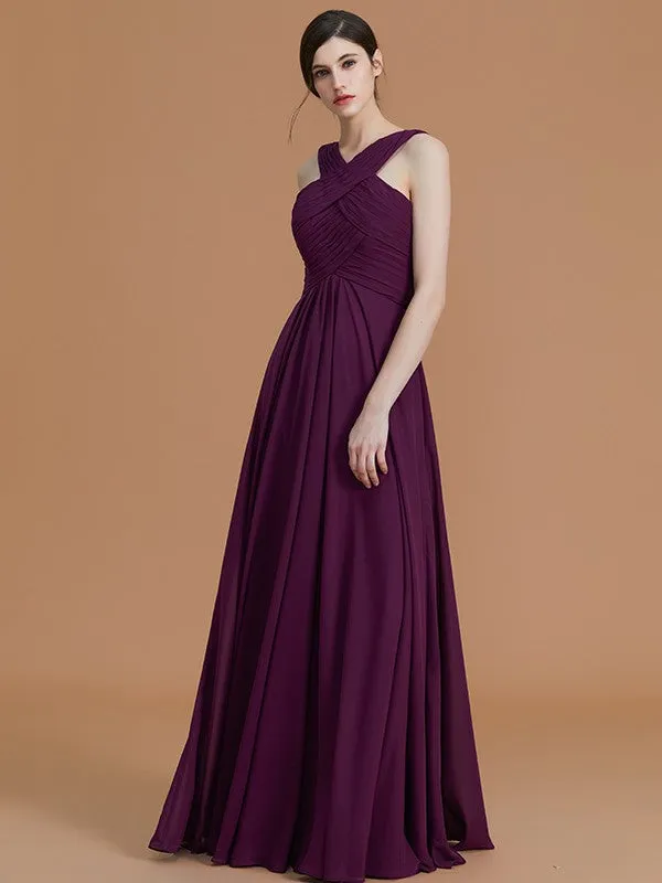 A-Line/Princess Halter Sleeveless Floor-Length Ruched Chiffon Bridesmaid Dresses