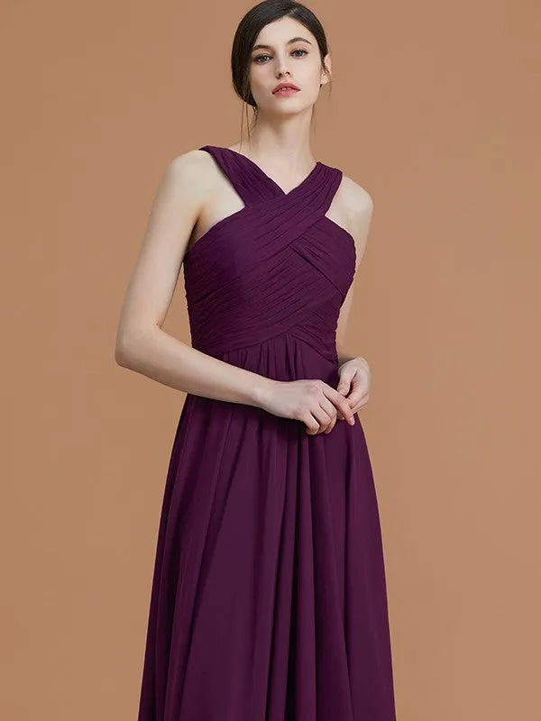 A-Line/Princess Halter Sleeveless Floor-Length Ruched Chiffon Bridesmaid Dresses