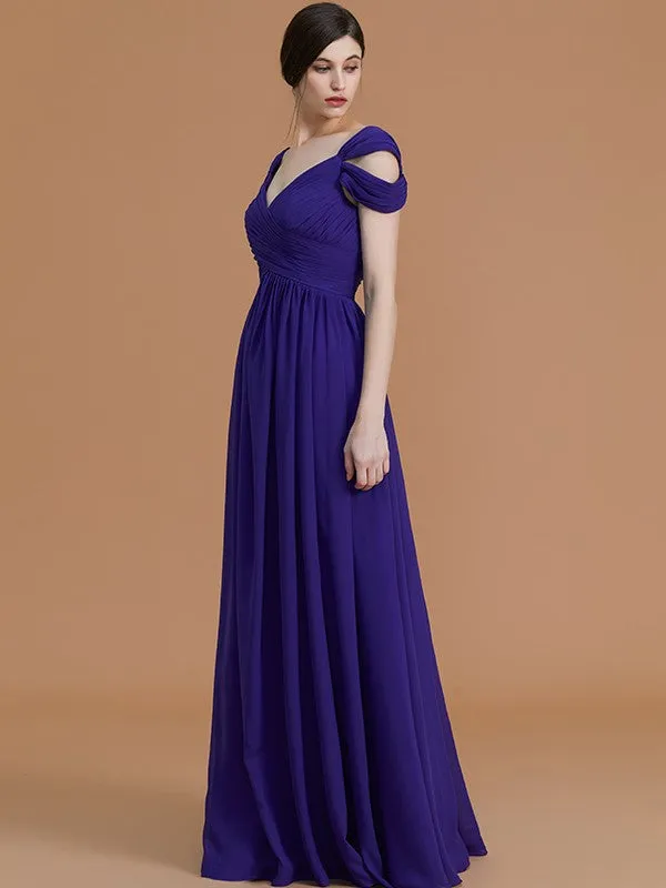 A-Line/Princess Off-the-Shoulder Sleeveless Floor-Length Ruched Chiffon Bridesmaid Dresses