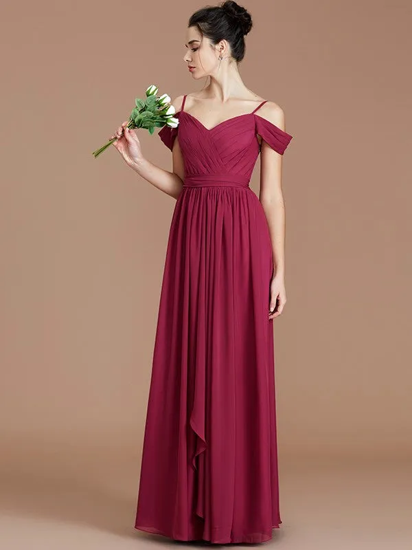 A-Line/Princess Off-the-Shoulder Sleeveless Ruched Floor-Length Chiffon Bridesmaid Dresses