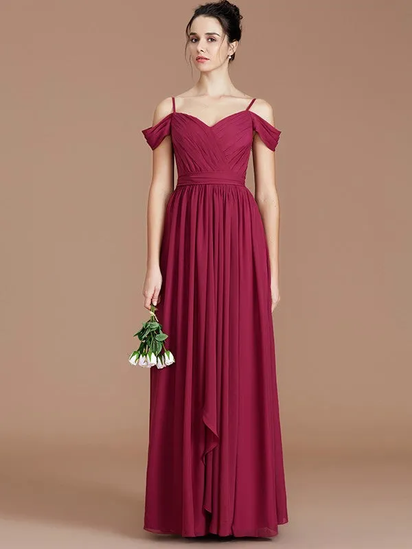 A-Line/Princess Off-the-Shoulder Sleeveless Ruched Floor-Length Chiffon Bridesmaid Dresses