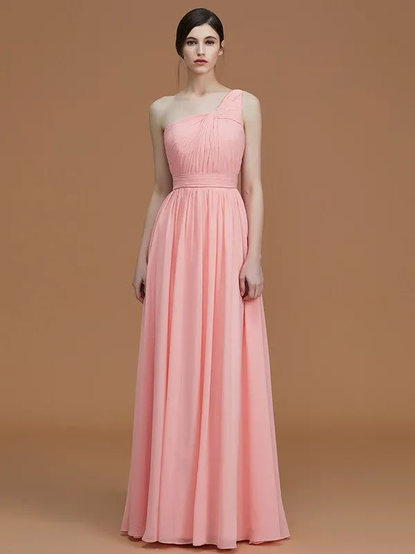 A-Line/Princess One-Shoulder Sleeveless Floor-Length Ruched Chiffon Bridesmaid Dresses