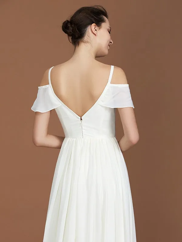 A-Line/Princess Short Sleeves Spaghetti Straps Ruched V-neck Floor-Length Chiffon Bridesmaid Dresses