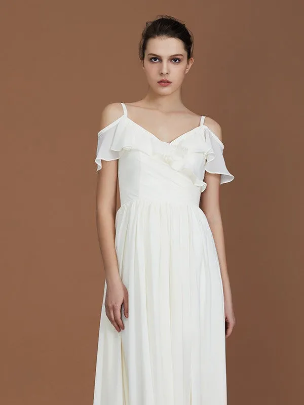 A-Line/Princess Short Sleeves Spaghetti Straps Ruched V-neck Floor-Length Chiffon Bridesmaid Dresses