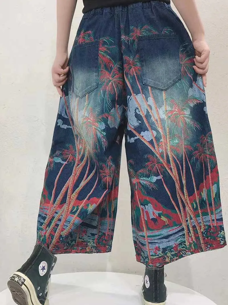 A Survivor Ethnic style Nine-Points Wide-Leg Jeans Trouser Pant