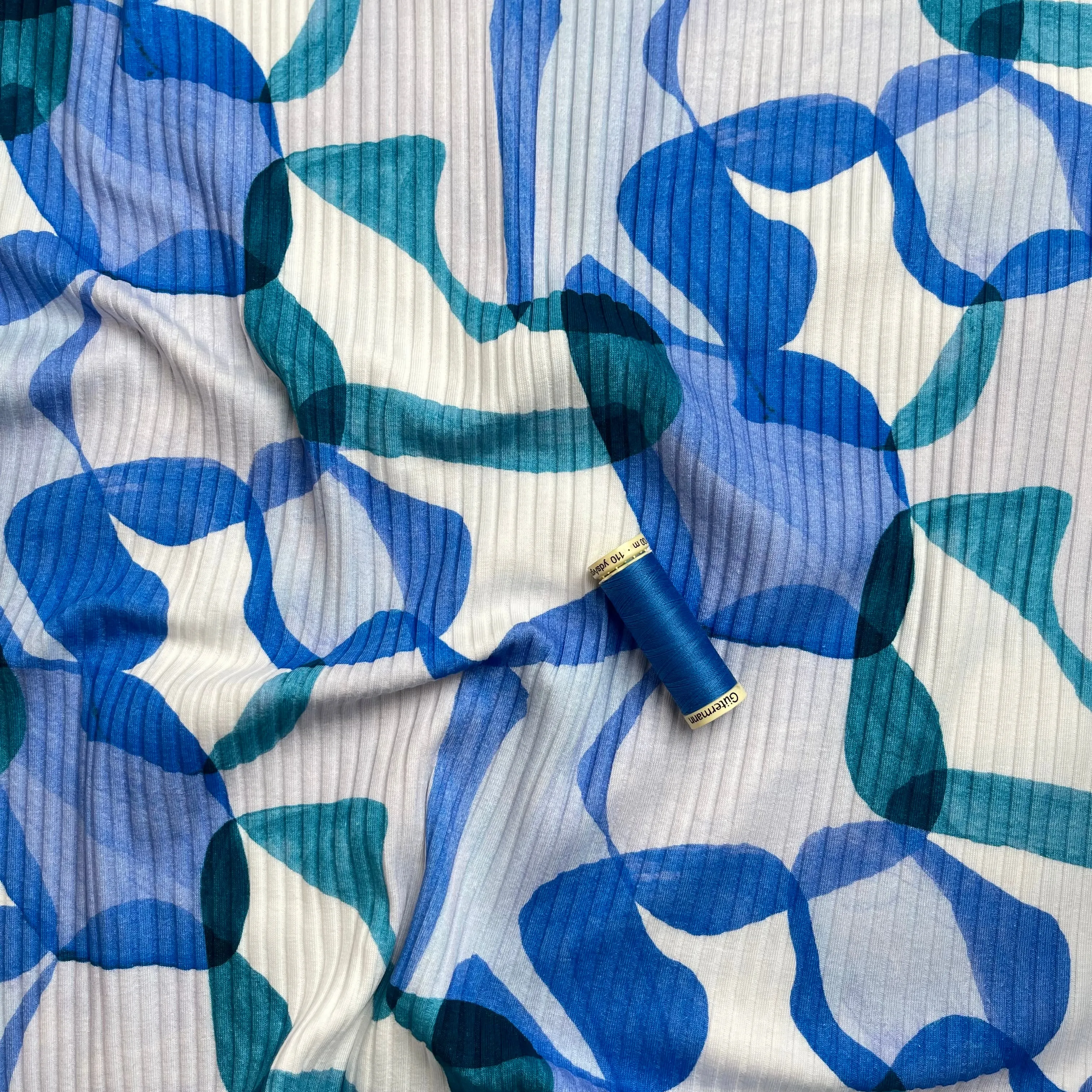 Abstract Shapes Blue Cotton Ribbed Jersey