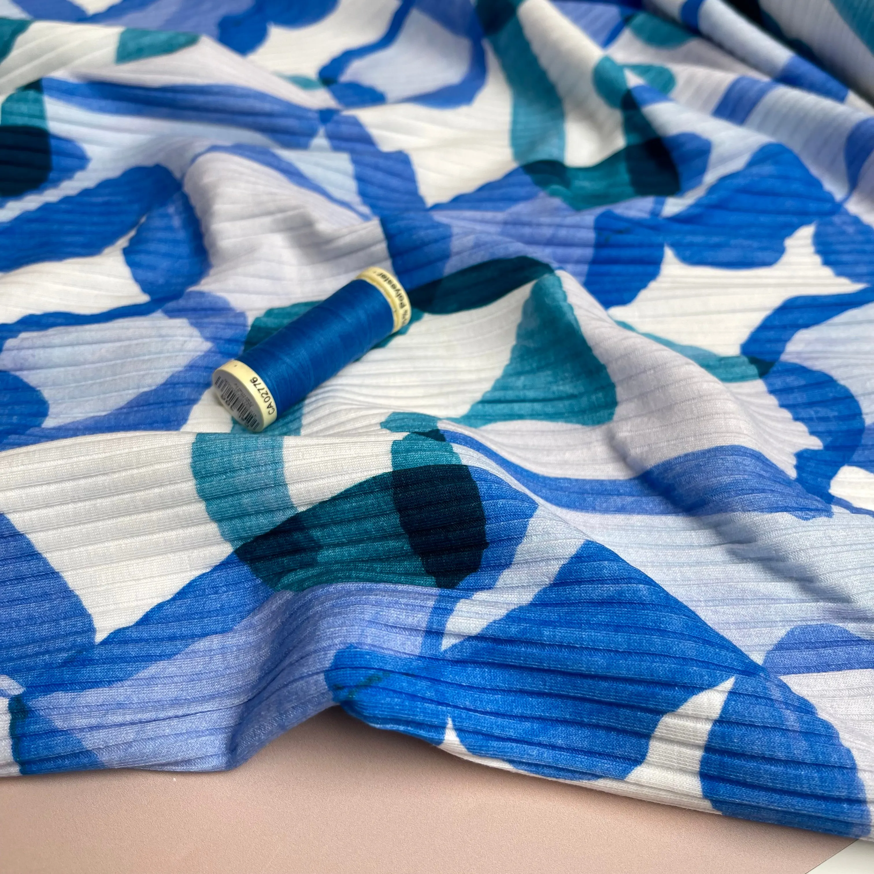 Abstract Shapes Blue Cotton Ribbed Jersey