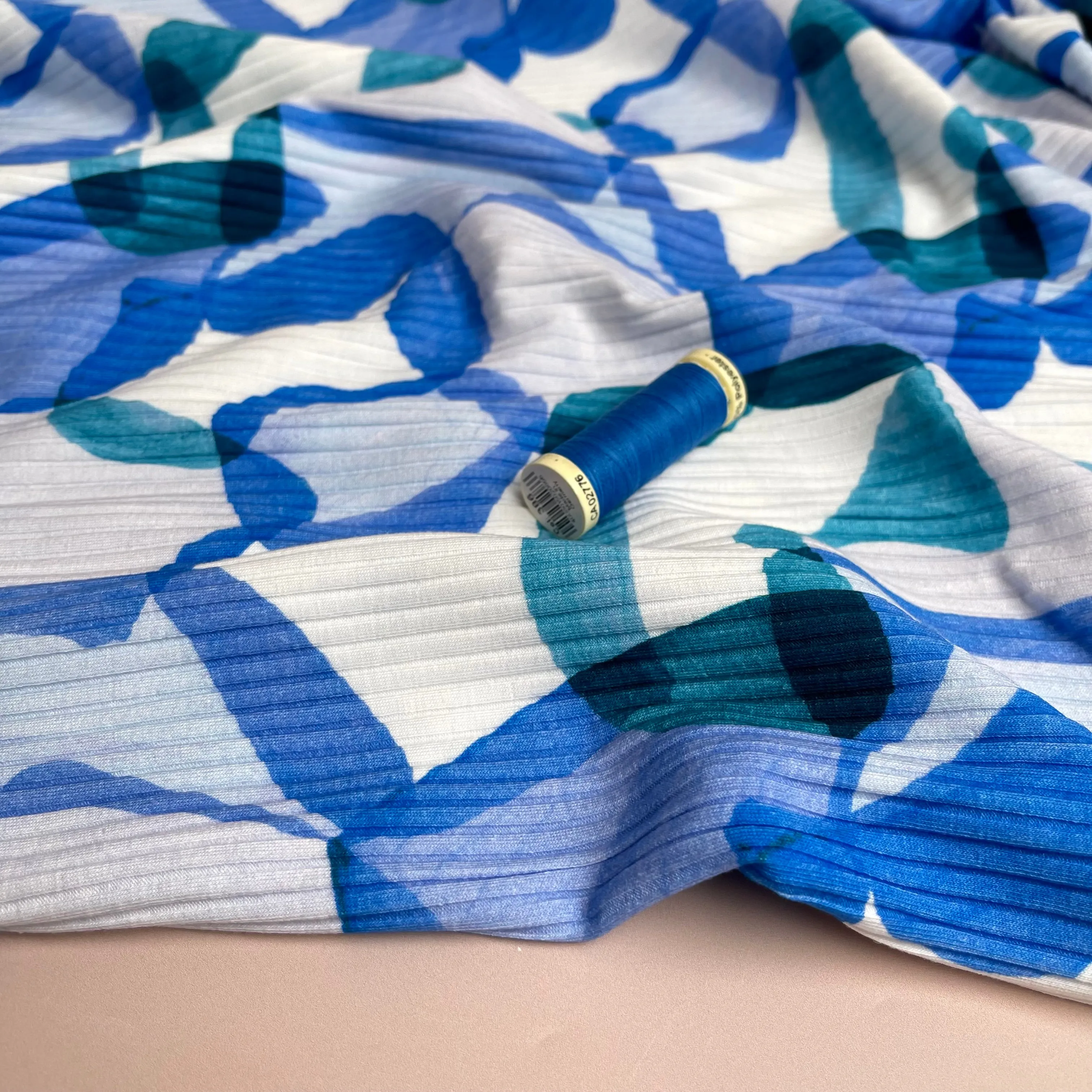 Abstract Shapes Blue Cotton Ribbed Jersey