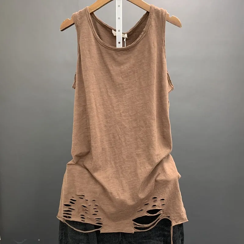 Aidase  Cotton Solid Women Tank Tops Summer New T-Shirts O-neck Hole Loose Casual All Match Female Pulls Tops Tees