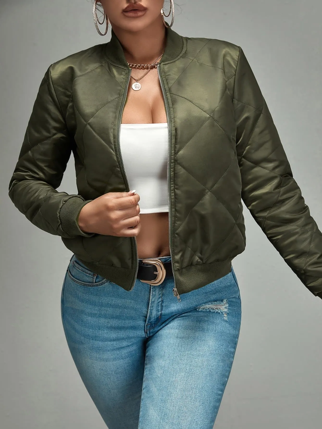 Army Green Zip Up Quilted Bomber Jacket