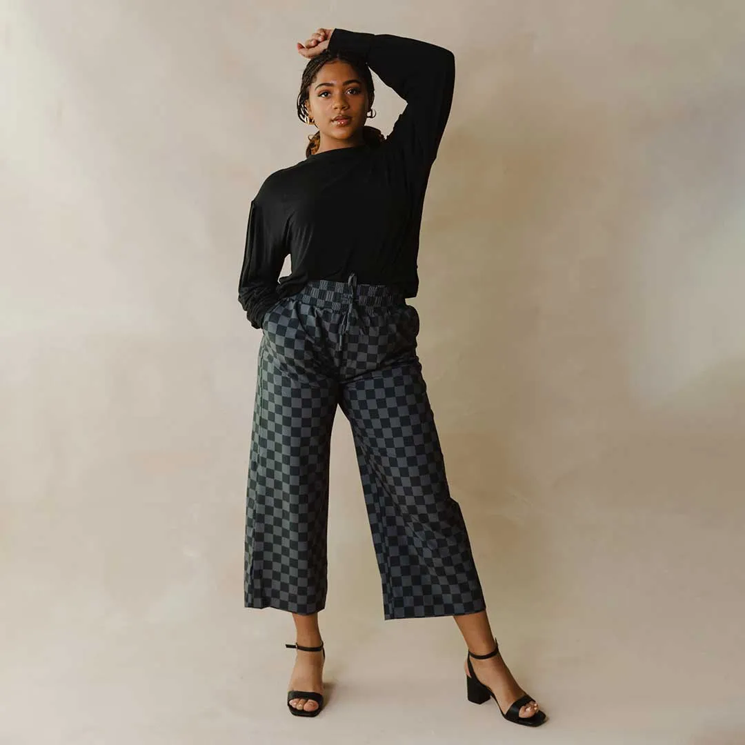 Audrey Wide Leg Pants, Slate Checkers