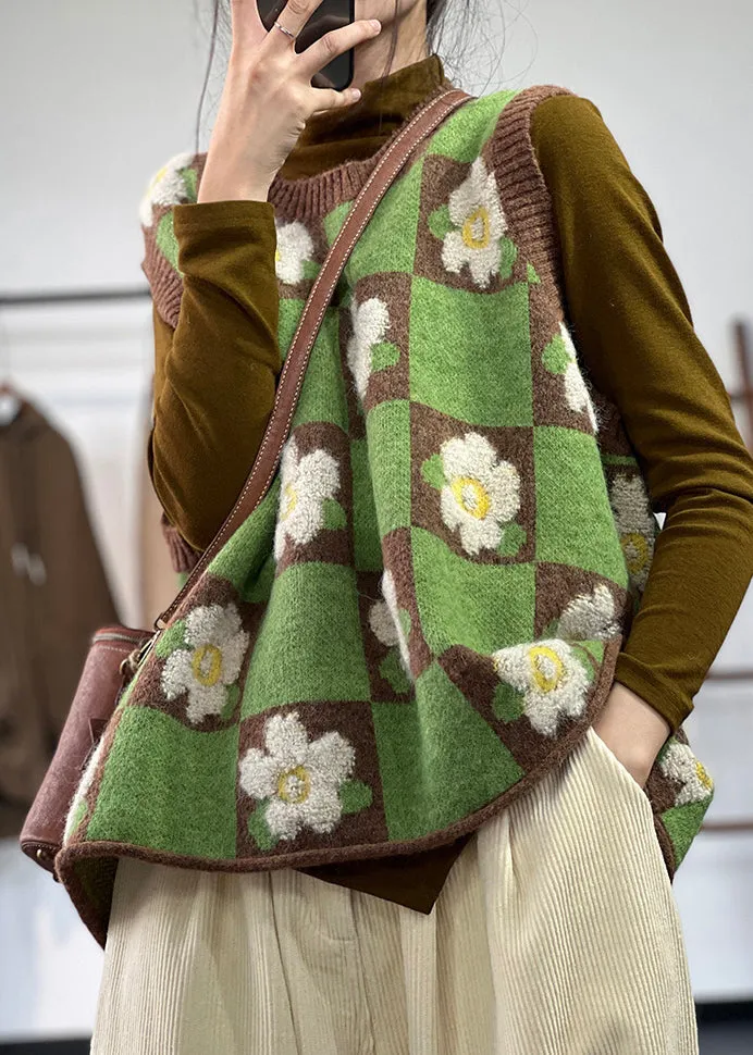 Beautiful Green Oversized Floral Knit Vests Winter OO012