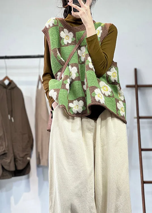 Beautiful Green Oversized Floral Knit Vests Winter OO012