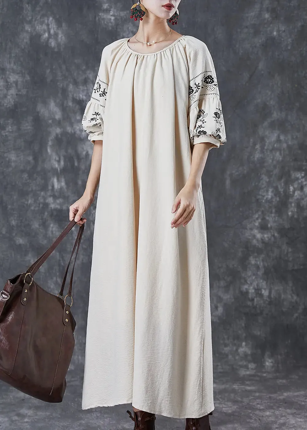 Beige Cotton Maxi Dresses Puff Sleeve