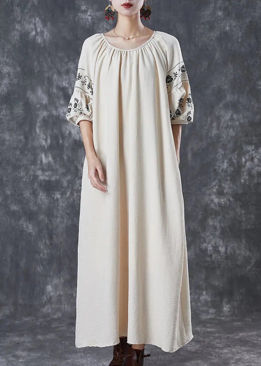 Beige Cotton Maxi Dresses Puff Sleeve