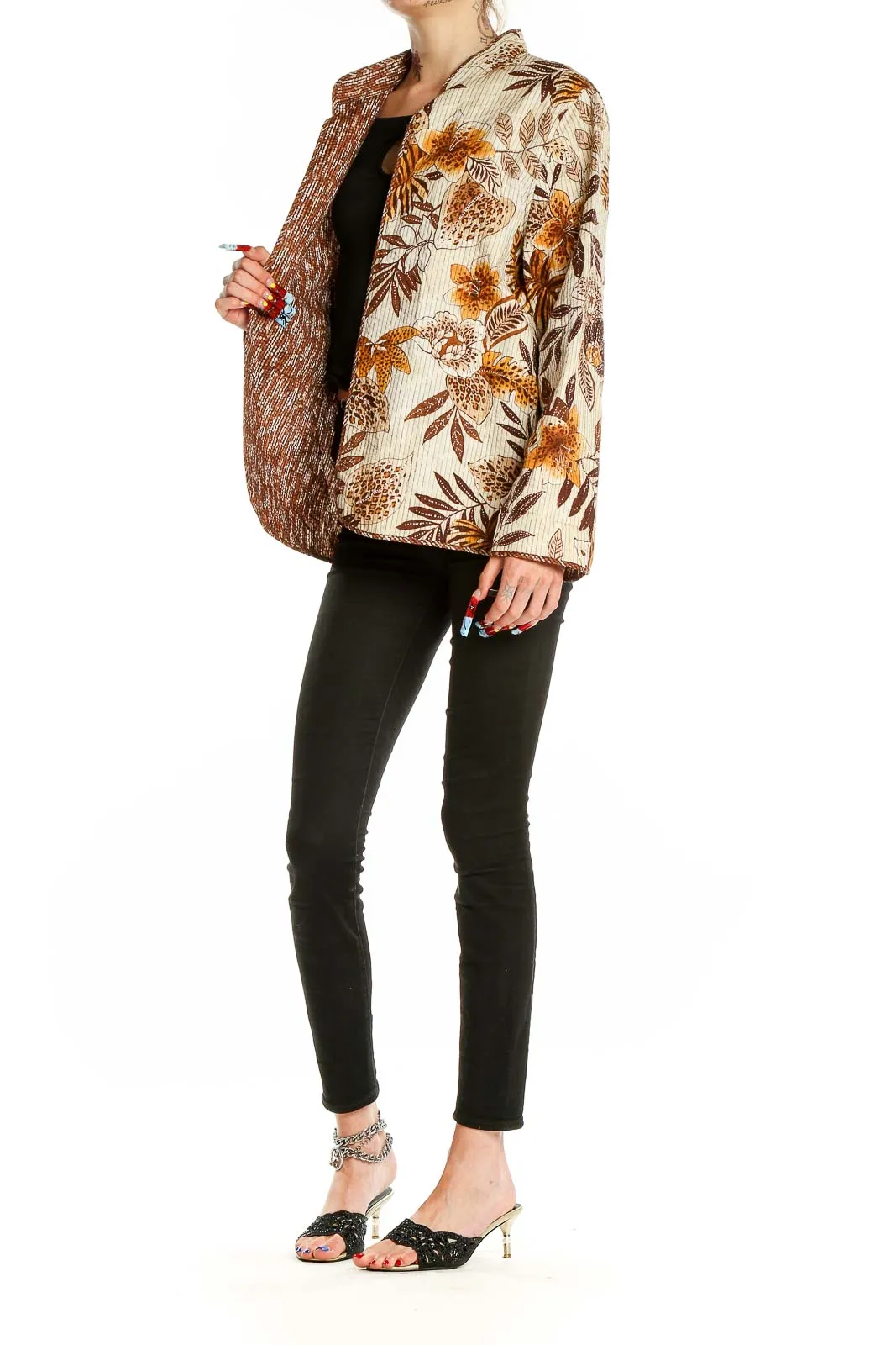 Beige Floral Print Quilted Jacket