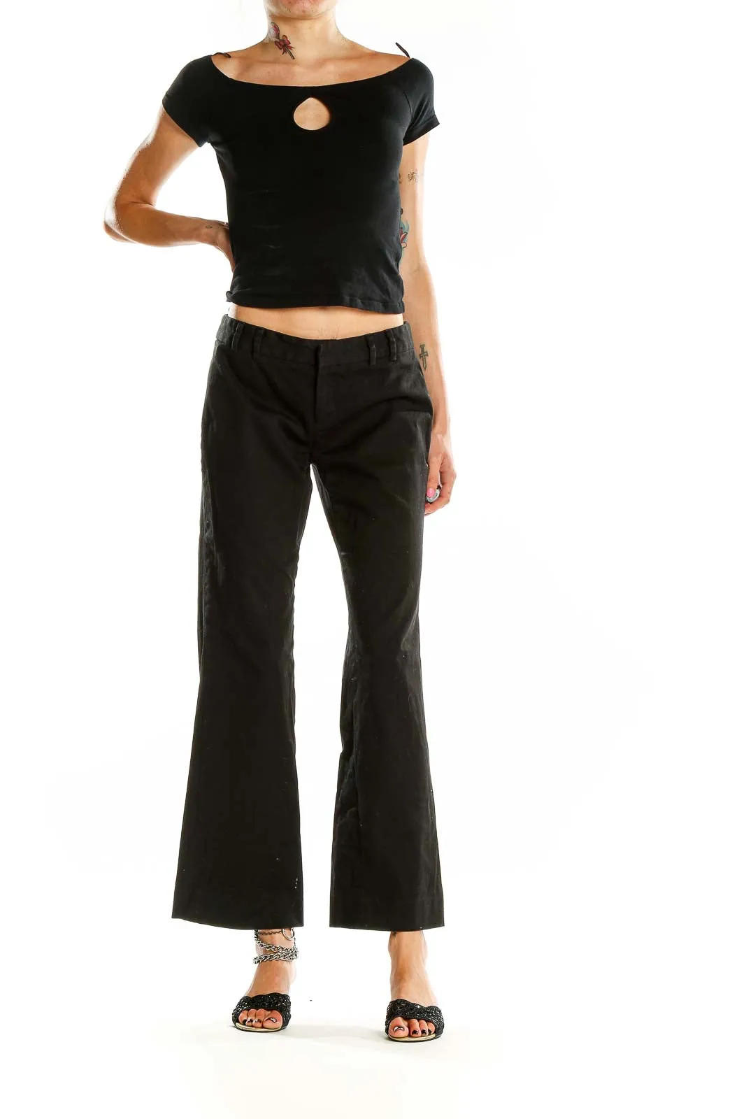 Black Cotton Blend Wide-Leg Trousers