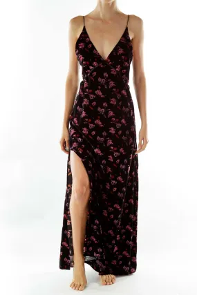 Black Pink Velvet Floral Maxi Dress