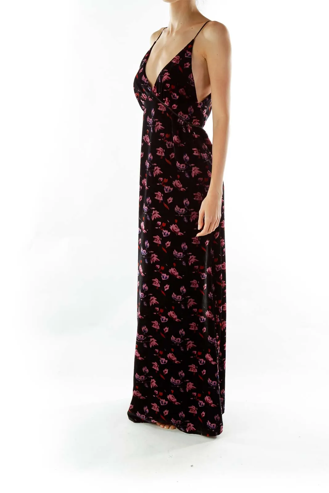 Black Pink Velvet Floral Maxi Dress